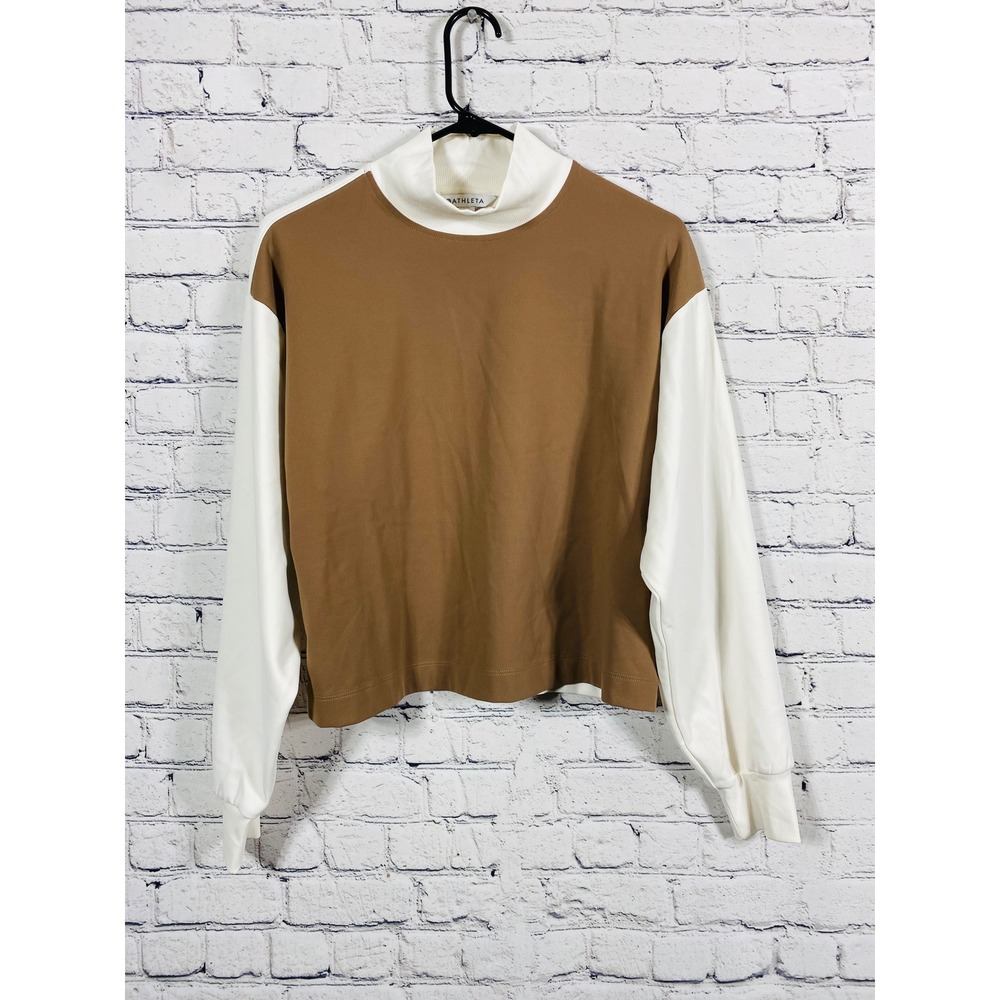 Athleta Sweatshirt Women S Mock Neck Colorblock Brown White Small Excellent Tech